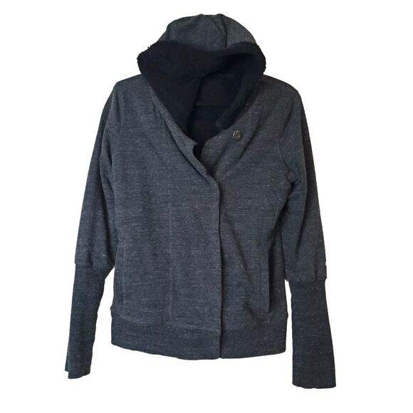 ALO Yoga Sherpa Lined Hooded Jacket Small Snap Front Gray Thumbholes Hoodie